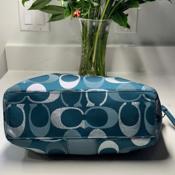 Coach Teal Metallic Silver Logo Jacquard Gallery Tote Bag Purse F20426 - Picture 6 of 15